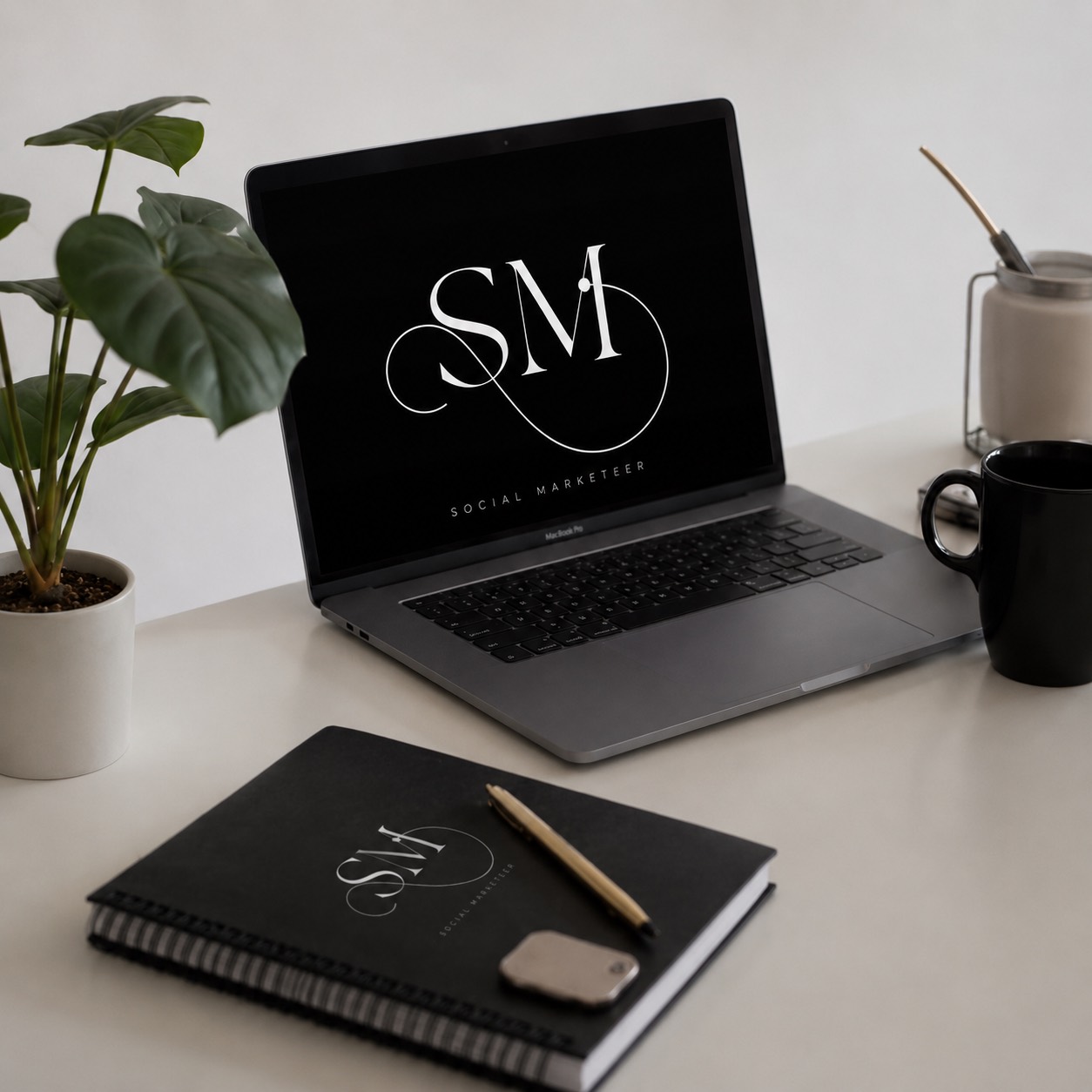 Laptop showing Social Marketeer brand
