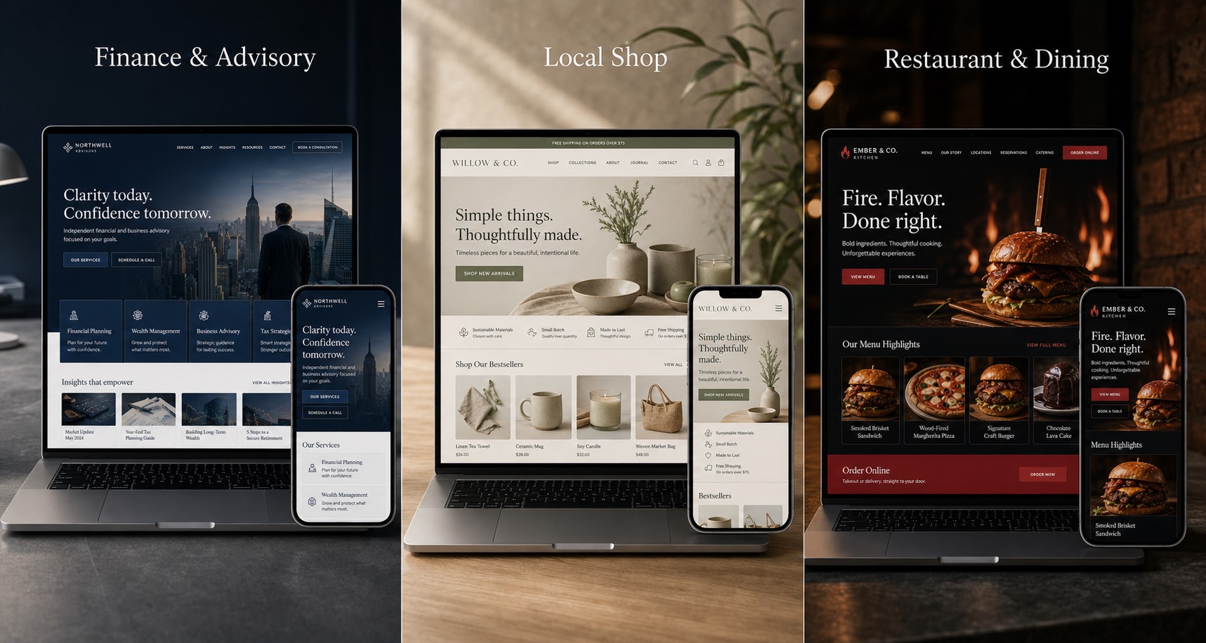Professional finance, local retail and restaurant website designs shown on laptop and mobile