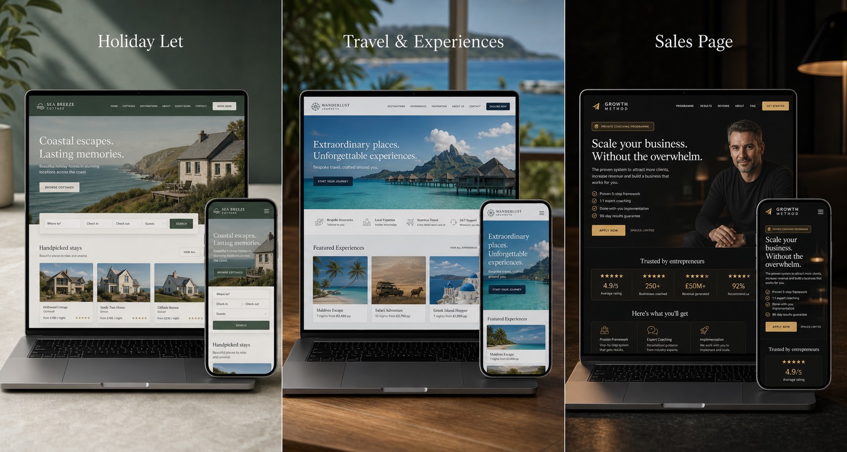 Professional holiday let, travel and sales page website designs shown on laptop and mobile