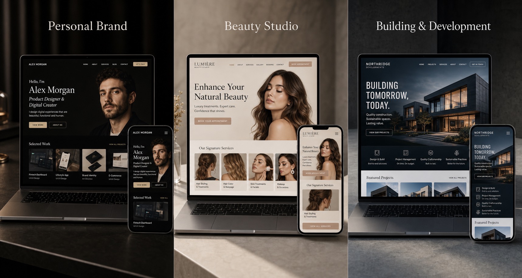 Professional personal brand, beauty studio and construction website designs shown on laptop and mobile